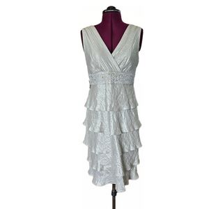 R&M Richards Iridescent Silver Jeweled Beaded Layered V Neck Cocktail Midi Dress
